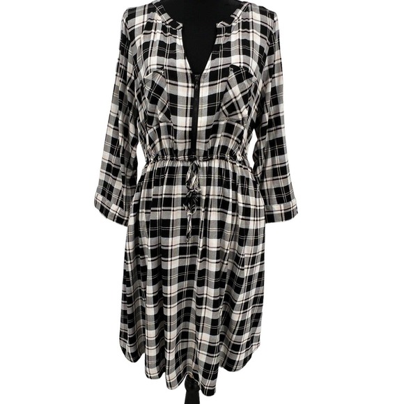 torrid Dresses & Skirts - Torrid Dress Plaid Cream Black Peach Long Sleeve Henley Drawstring Waist Pockets